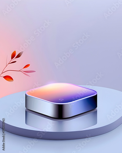 Modern smart device on sleek pedestal with colorful gradient light