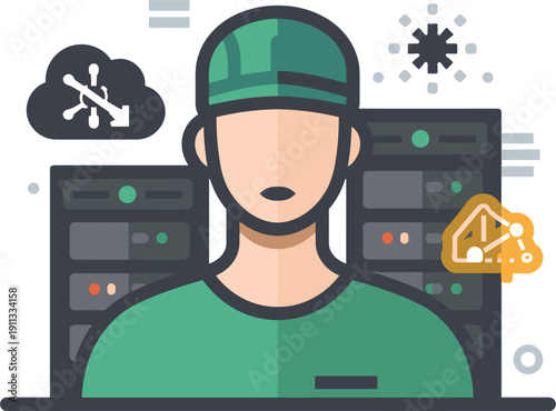 Digital illustration of an IT professional in a green uniform managing data servers, cloud computing, and artificial intelligence systems.