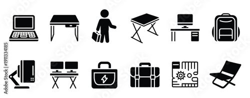 Portable Office Equipment Black Glyph Icons Set – Remote Work, Digital Nomad and Mobile Workspace Vector