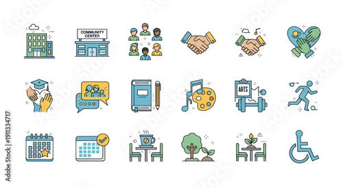 Collection of Colorful Community and Lifestyle Icons on White Background.