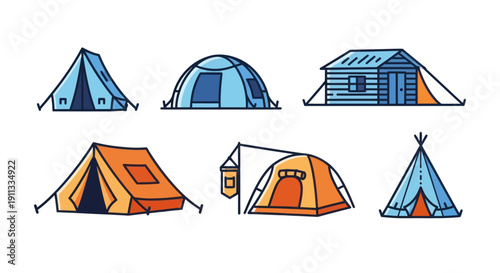 Collection of Camping Tents: Variety of Shapes and Colors for Outdoor Adventures.
