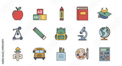 Collection of colorful school supplies and educational icons.