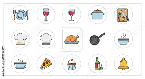Colorful Flat Design Icons for Food Cooking and Restaurant Themes.
