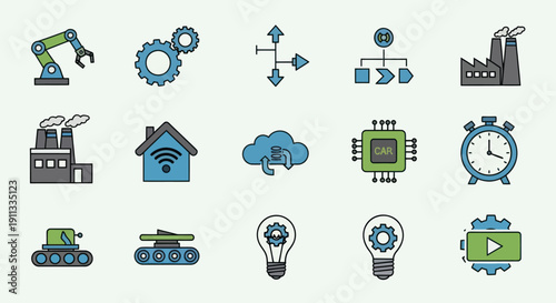 Collection of Industrial and Technology Icons Representing Automation and Connectivity.