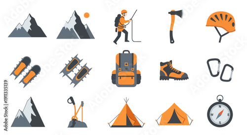 Collection of Illustrated Climbing and Hiking Gear Icons.