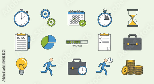 Business and Time Management Icon Set: Clock Calendar Briefcase and Running Man.