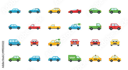 Collection of colorful stylized cartoon vehicles for transportation and travel.