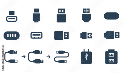 Modern USB Connector and Charging Cable Solid Icon Pack – Type C, A, B, Lightning and Micro USB