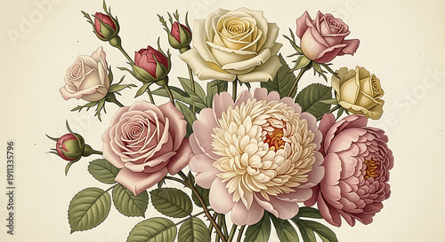 Premium Heart Shaped Floral Arrangement with Red and Pink Roses and White Ranunculus Isolated on White Background for Valentine's Day