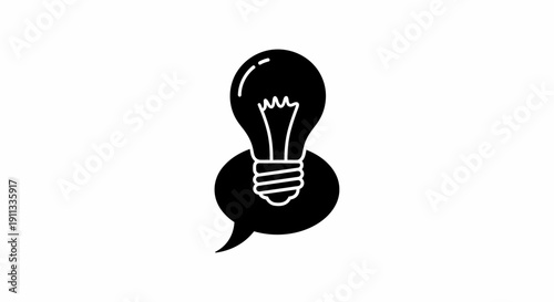 Black Silhouette of a Light Bulb Inside a Speech Bubble, Symbolizing an Idea or Creative Solution on isolated white background