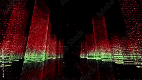 Motion through the red and green colored model of digital city contained of random symbols and grids on black background. Business, communications or digital tech concept. 3d rendering 4k video