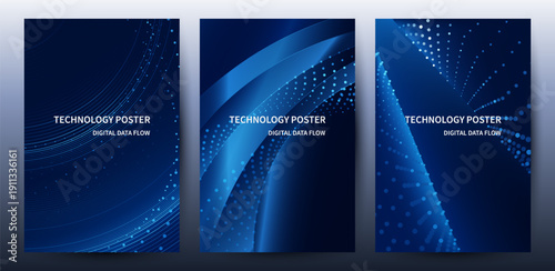 Technology Banner Poster set. Futuristic digital data wave glowing lines. Data science concept tech banner, corporate business presentation or booklet technology