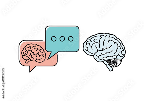 Conceptual depiction of communication and cognitive processes with human brain and dialogue bubbles representing thought exchange and mental activity