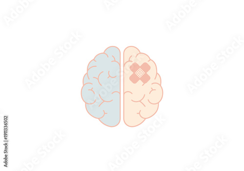 Medical Concept Of Brain Injury Recovery And Healing With Bandages On One Hemisphere Showing Mental Health And Care