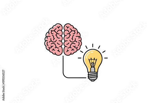 Human Brain Connected To Bright Light Bulb Showing Thinking Process And New Idea Generation Concept From Human Mind Development