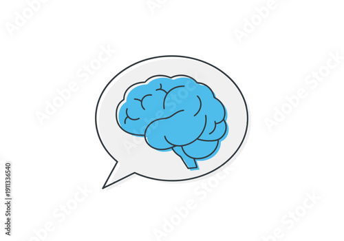 Conceptual graphic representation of a blue brain inside a speech bubble symbolizing thought and ideas in isolation on a white background