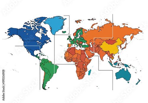A colorful world map illustration highlighting different countries and regions from a global viewpoint