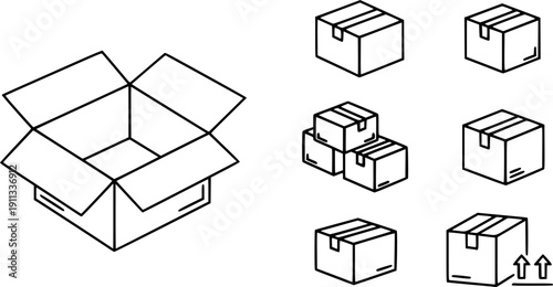 Box line icons. Empty open shipping box or unboxing line art. Carton boxes icon set. Stock vector. Vector illustration.