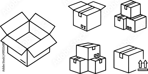 Box line icons. Empty open shipping box or unboxing line art. Carton boxes icon set. Stock vector. Vector illustration.