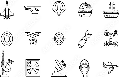 Vector line art icons depicting military aviation, naval vessels, drones, and targeting systems, isolated on a transparent background for UI design.