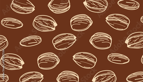 Pistachio Nut Seamless Pattern. Hand Drawn Pistachio Doodle  for Packaging Design. Pistachio Doodle Pattern. Sketch Vector Background