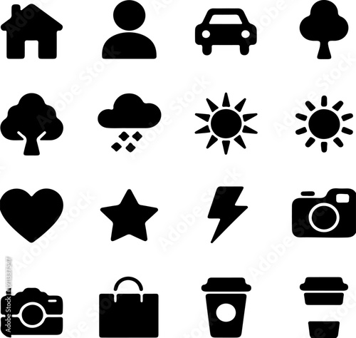 Vector set of sixteen isolated black glyph icons including house, person, car, tree, rain cloud, sun, heart, star, lightning, camera, shopping bag, and coffee cup on a white background.