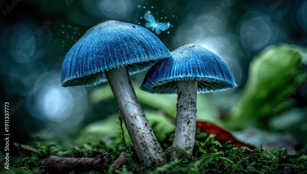 Fototapeta premium Two mushroom with blue cap in a enchanted forest setting