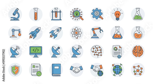 Colorful Science and Technology Icons Collection for Research and Innovation.