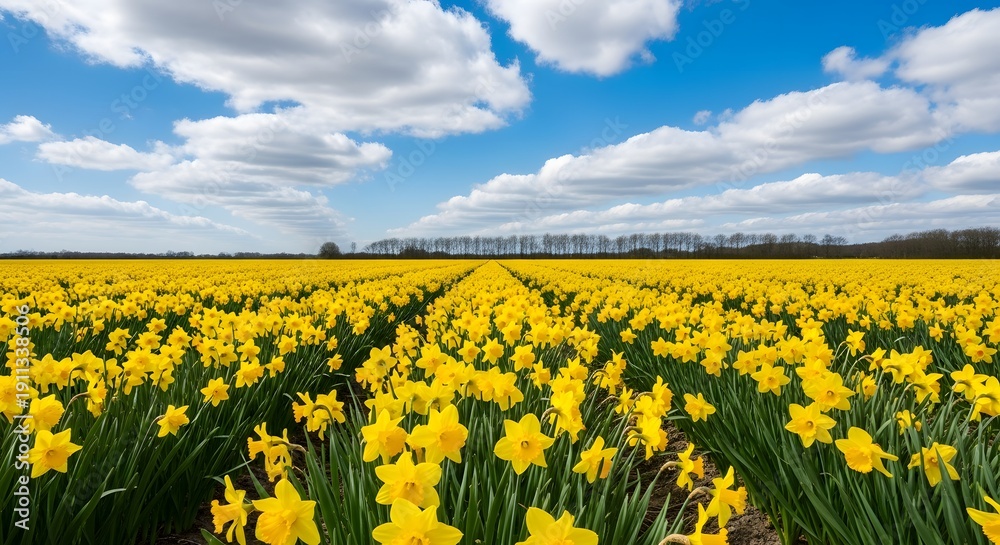 Fototapeta premium Vibrant daffodil field under blue sky with white clouds