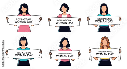 Diverse women celebrating International Women's Day with banners
