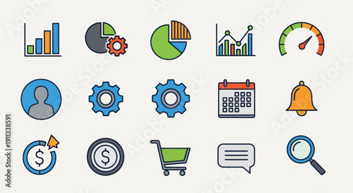 Collection of Colorful Business and Finance Icons with Charts Gears and Symbols.