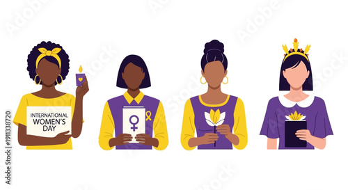 Diverse women celebrating International Women's Day with symbols of empowerment