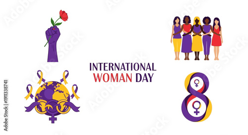 International Women's Day celebration with diverse women and symbols of empowerment