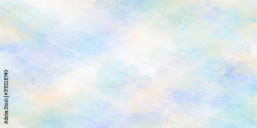 Abstract colorful watercolor background featuring bright blue sky and fluffy white clouds in a sunny summer atmosphere with beautiful bokeh light and heaven-like nature