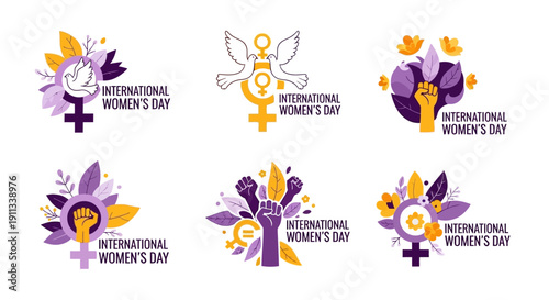 International Women's Day graphic elements with female symbols and doves