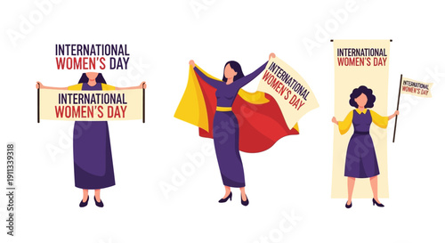 Women celebrating International Women's Day with empowering banners