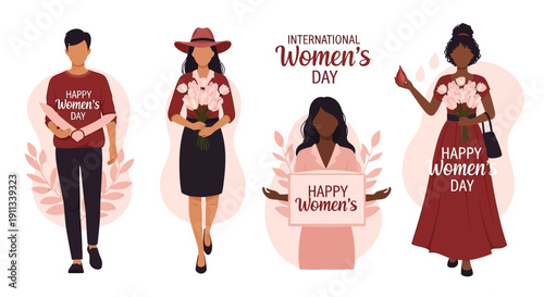 Diverse group celebrating International Women's Day with flowers