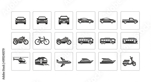 Collection of various transportation vehicles in simple line art style.