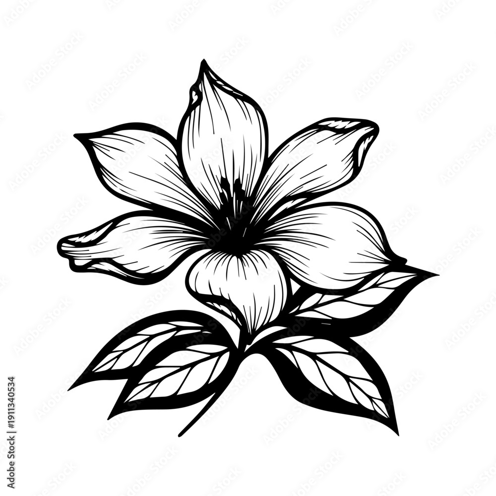 Obraz premium Black and white illustration of a flower with leaves from a close-up viewpoint