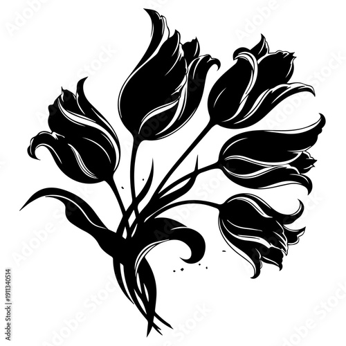 Black and white illustration of tulips in full bloom from a side viewpoint