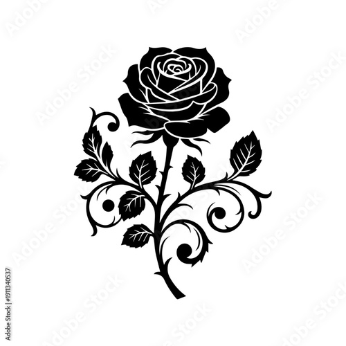 An elegant black rose illustration with swirling leaves and stem on a clean background from a front viewpoint