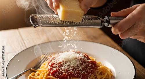 Person Grating Cheese Over Plate of Spaghetti with Tomato Sauce