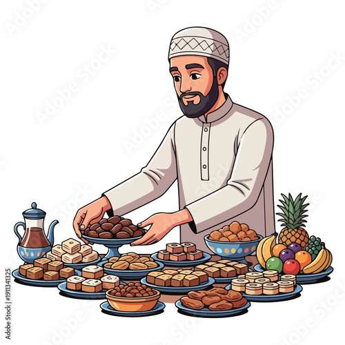 Man in traditional attire serving food and dates on multiple plates