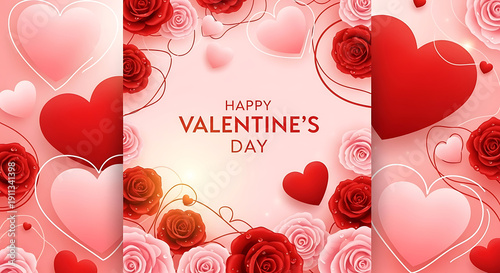 Premium Valentine's Day Social Media Template with Realistic Red Roses and Hearts on Soft Pink Background