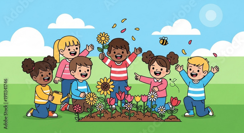 Diverse group of happy children gardening together planting flowers and sunflowers in a sunny garden spring concept for education and nature