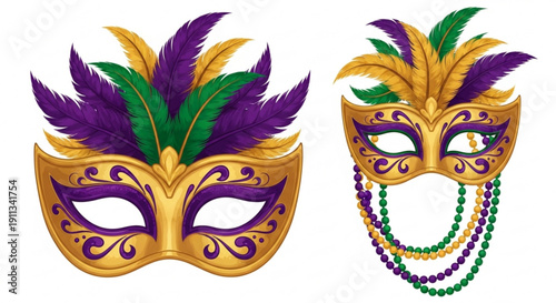 Mardi Gras masks with feathers and beads traditional masquerade costume elements for carnival celebration isolated on white