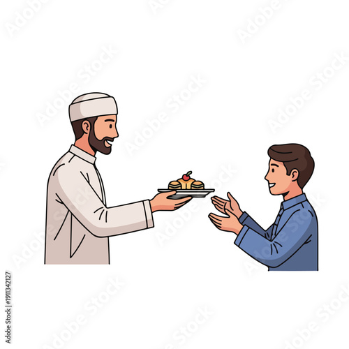 Man offering a plate of food to another person in a gesture of kindness and generosity