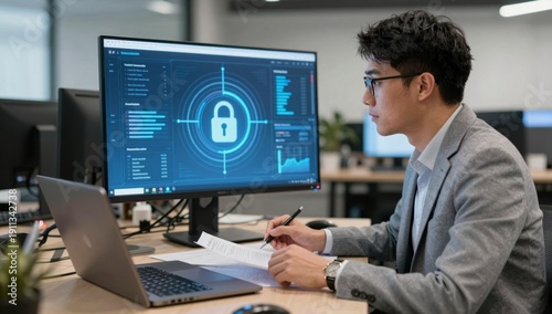 A man in a suit reviews documents in front of a computer displaying cybersecurity data and a padlock icon