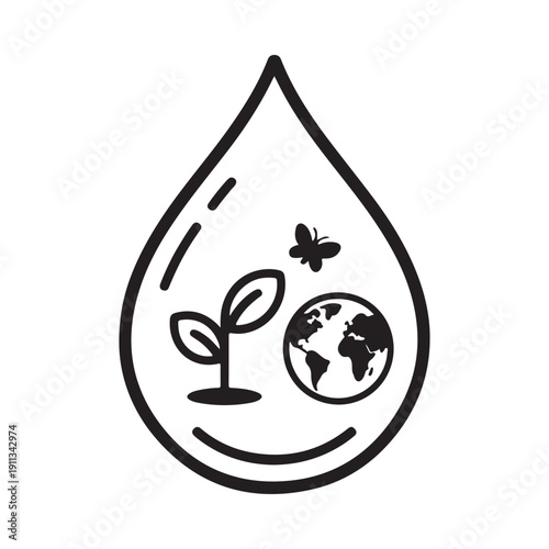 A single water droplet contains a miniature world with a plant earth and butterfly inside