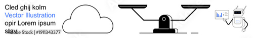 Cloud storage, business analytics, AI decision-making, technology concepts, digital transformation, innovation. Minimalistic black-and-white illustrations of a cloud, scales and data ion. Cloud